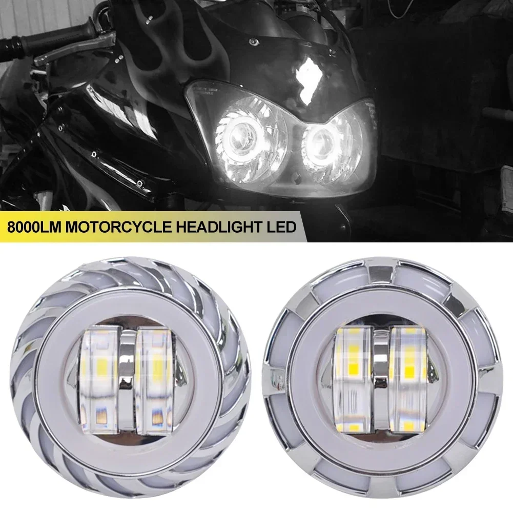 Car Motorcycle 8000LM Headlight LED Angel Devil Eyes Headlight Projector Lens High/Low Beam Strobe Spotlight DRL Dual Halo Lamp