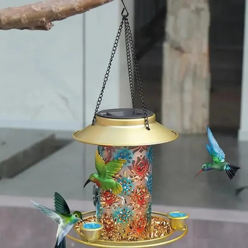 Solar Powered Bird Feeder Metal Waterproof Outside Wild Bird Feeders Hangable Colorful Hummingbird Attraction Feeder LED