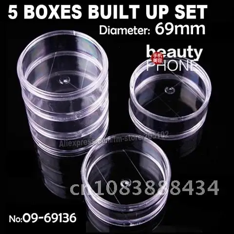 

5 BOX BUILT UP SET,clear round accessory box storage for diy home work nail art jewelry beads crafts rganizer container case