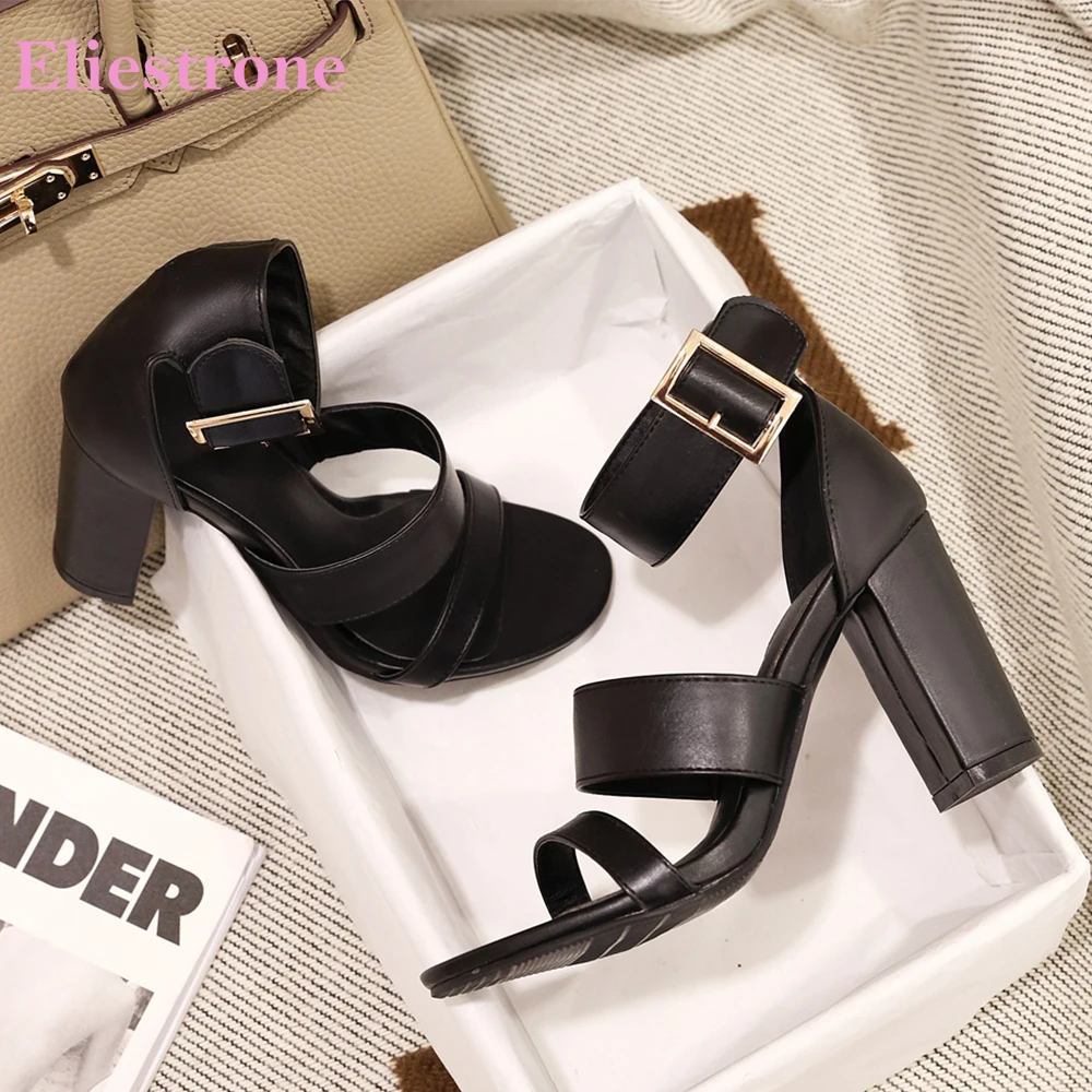 

2026 Summer Mature Women Ankle Strap Sandals 8cm High Chunky Heel Lady Dress Shoes Small Large Plus Size 10 32 45