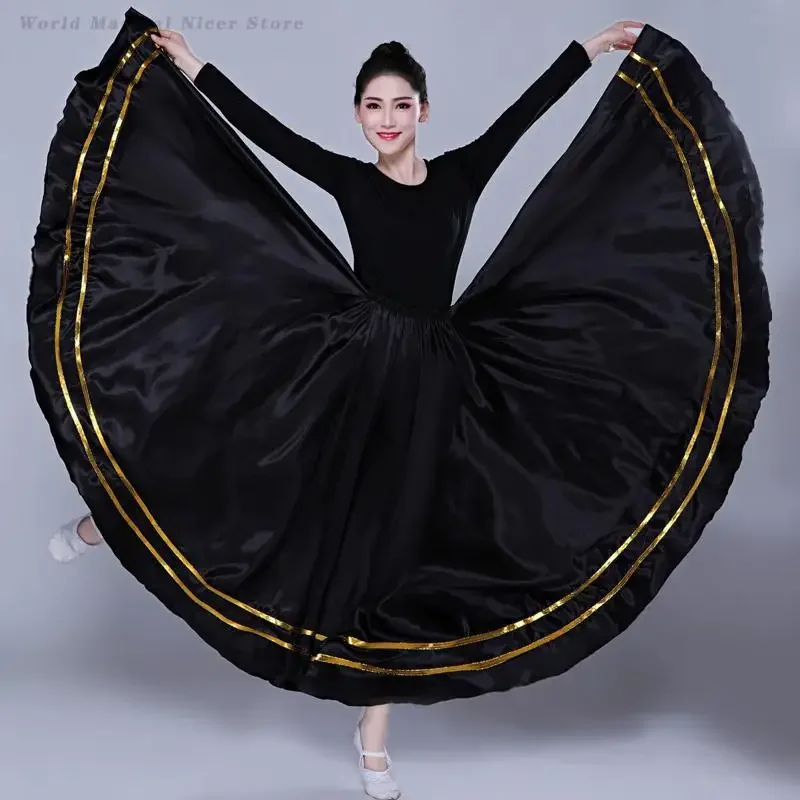 Women Stage Performance Dancer Costume Gypsy Spain Flamenco Tango Dance Skirts Satin Long Ballet Belly Dancewear Big Swing Skirt