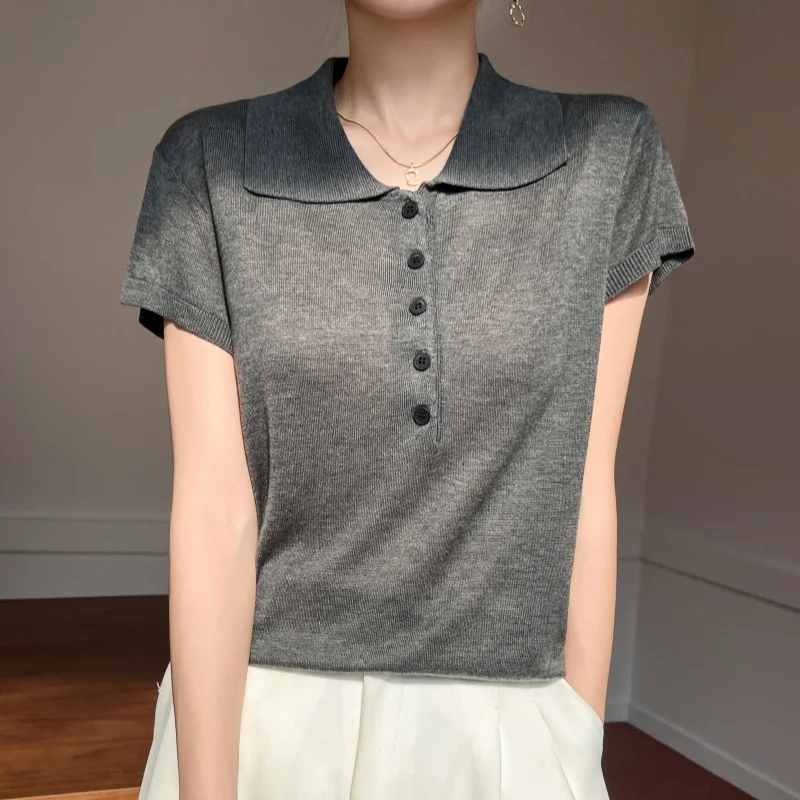 Flip Collar Pure Lyocell Pullover Women's knitted Short Sleeves Sweater Half single buckle decoration High-quality Loose Tops 3