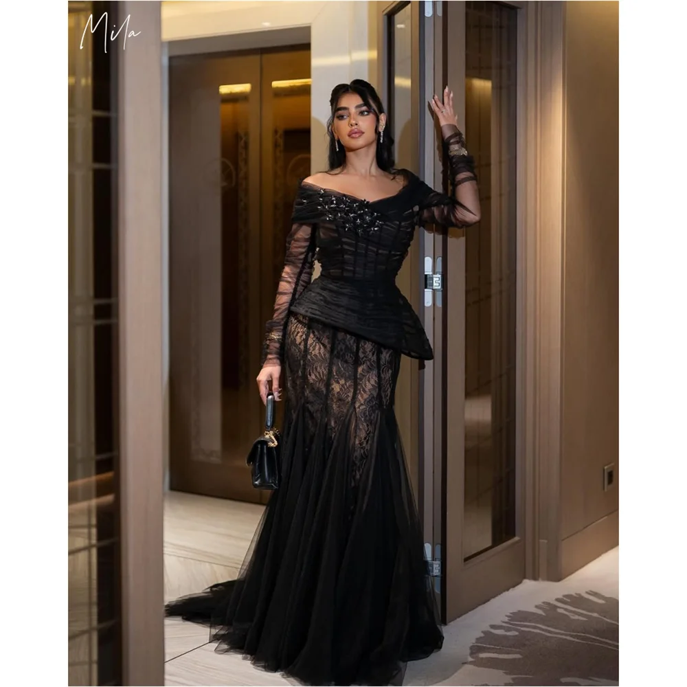 

Mila Black Lace Tulle Prom Dresses Off the Shoulder Long Sleeve Customized Formal Evening Floor-Length vestidos de fiesta 2025