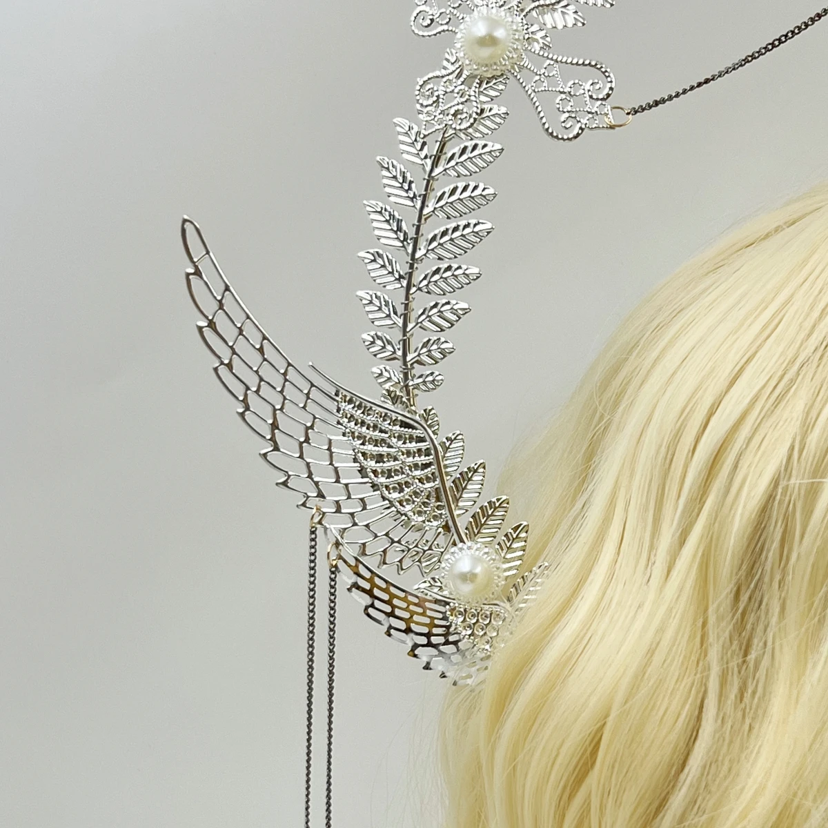 1pc lolita Chic Headband Golden Angel Halo Sun Crown BaroqueImitation Pearl Chain Decor Metal Headwear Hair Hoop