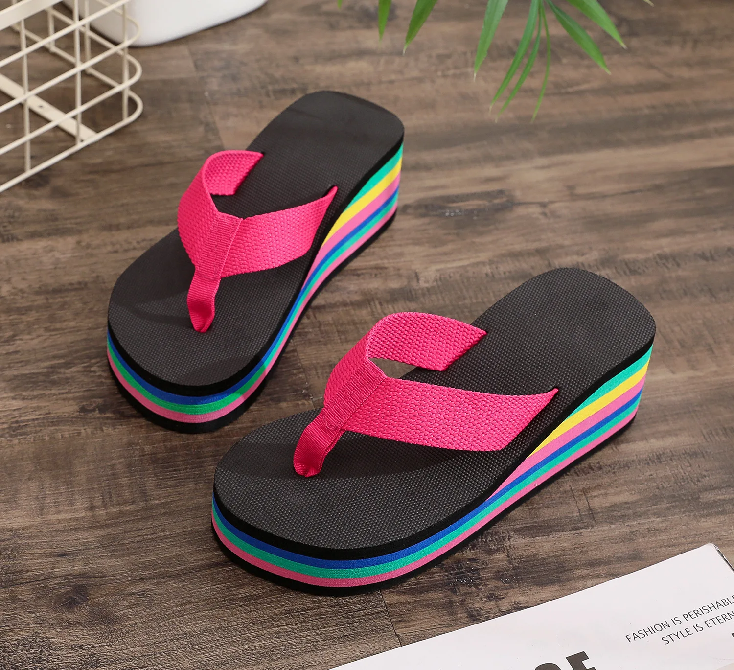 Casual Slippers Women\'s Flip Flops Rainbow Wedged Heeled Open Toe 5cm High Heels Women Sandals Shoes Summer Beach Outdoor Shoes