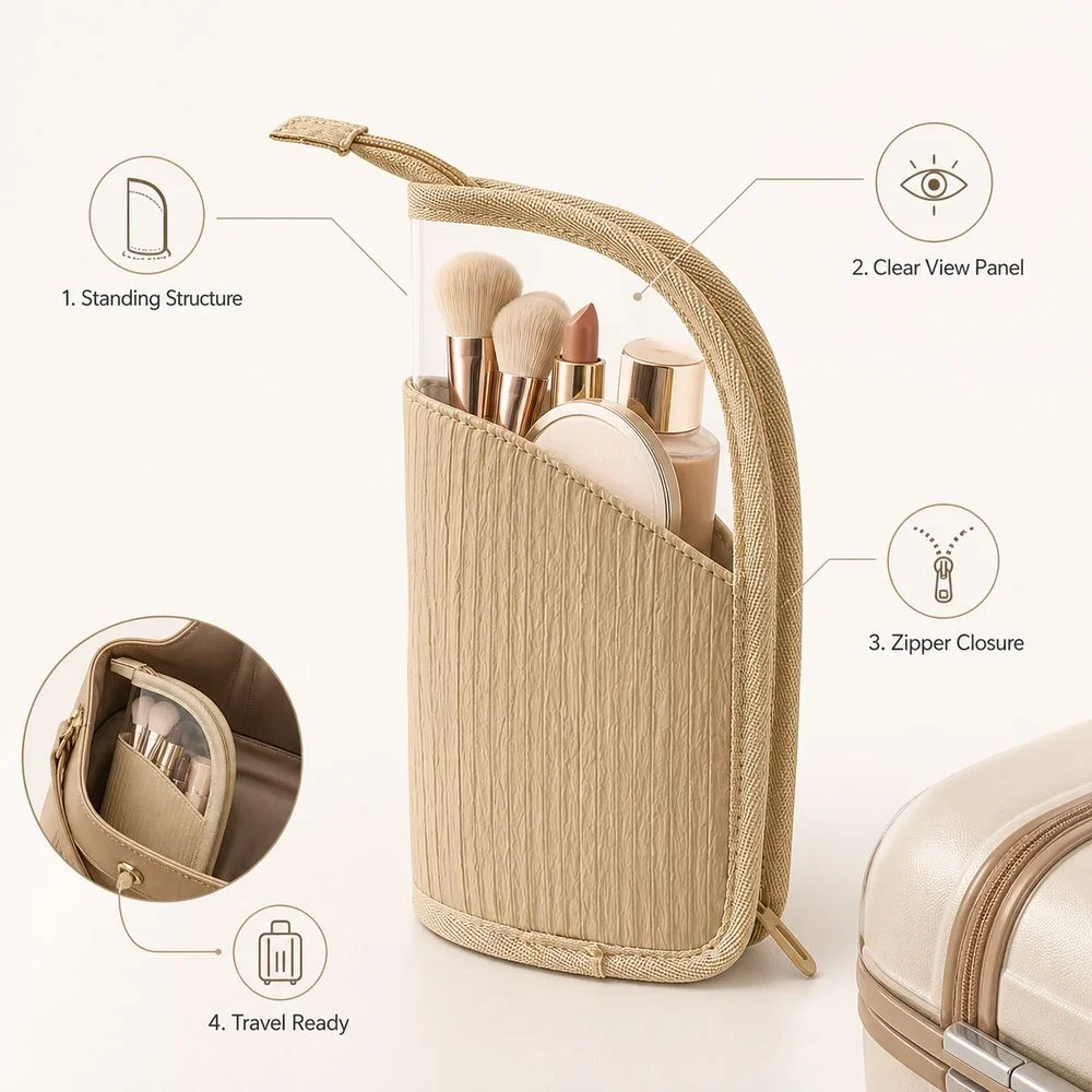 Multifunctional Makeup Bag Portable Semi Transparent Cosmetic Bag Zipper Closure Standing Makeup Brush Organizer