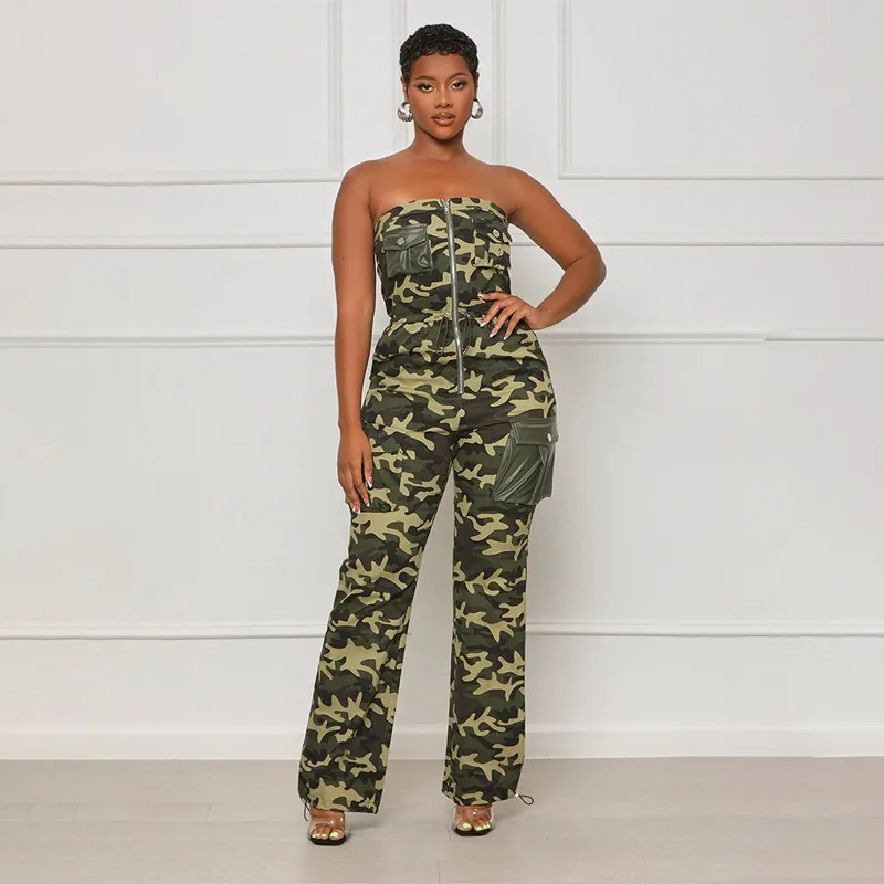 

Camouflage Cargo Jumpsuits Women PU Leather Patchwork Pockets Strapless Zipper Drawstring Waist Loose Casual Overalls Rompers