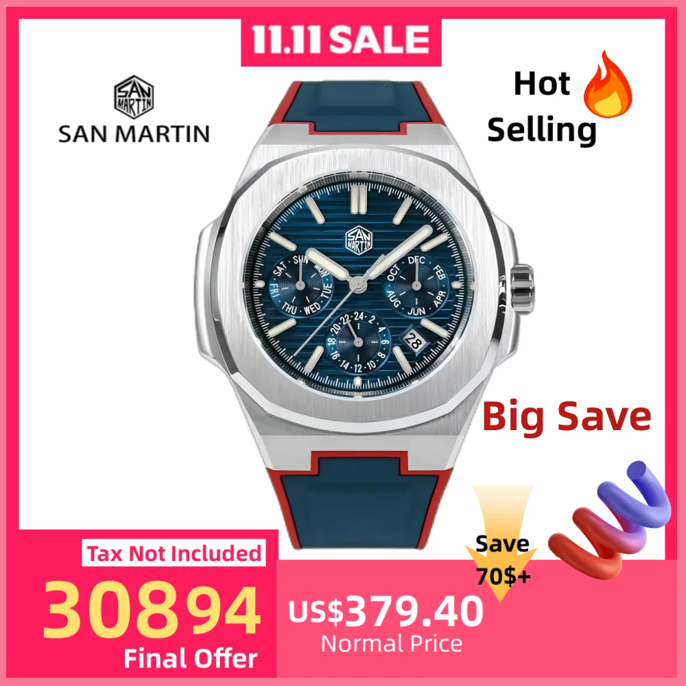 

San Martin 43mm 9120 Multi-Function Men Watch Mechanical Sport Hour Date Week Month Window FKM Rubber 10Bar Reloj Hombre SN0075B