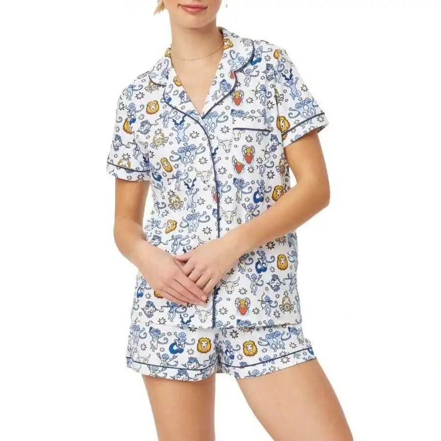 

2-Piece Women Pajama Set Cartoon Animal Print Notch Collar Short Sleeve Button Down Top And Shorts Cotton Loungewear