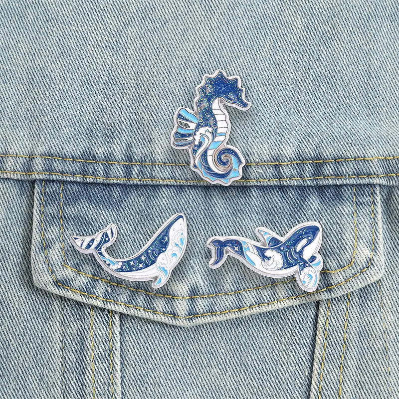 Blaue Glitzer-Meerestier-Emaille-Pins: Wal, Orca, Seepferdchen, Sternenwelle – Broschen, Anstecknadeln, Ozean-Tier-Schmuckgeschenk