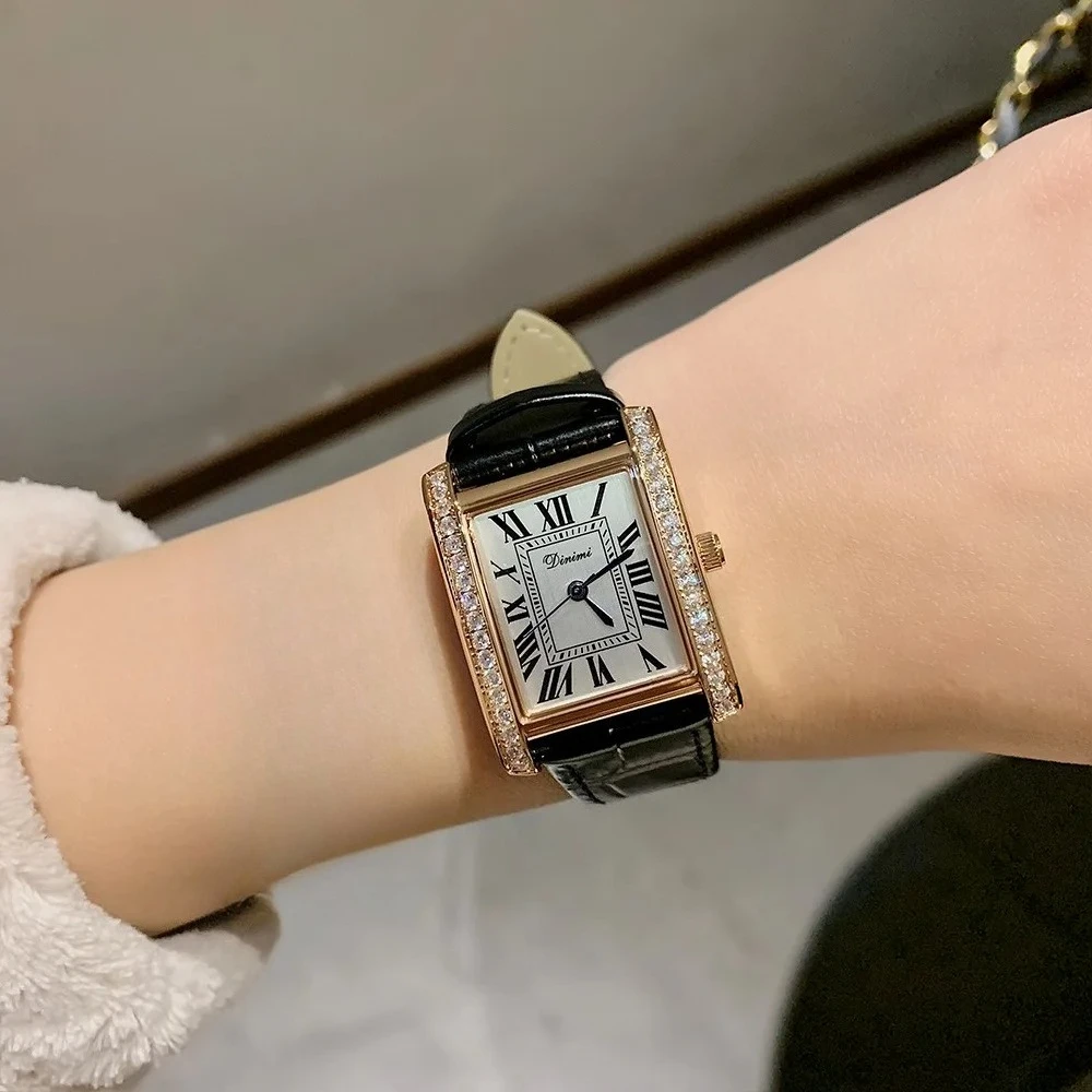 Stylish square watch simple and elegant vintagestyle quartz watch with leather strap high-end women's wristwatch gift for women.