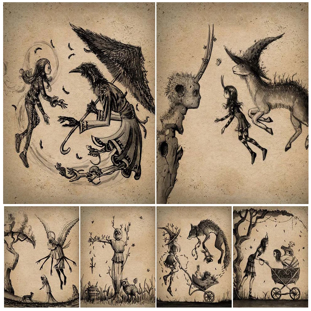 Pointed Hat Butterfly Witch And Plant Witch Vintage Wall Art Canvas Painting Magic Forest Elves Art Psoter Print Home Decoration