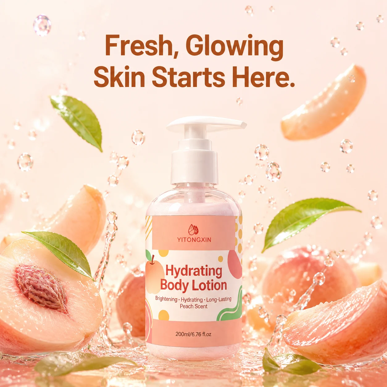 Niacinamide Peach Extract Hydrating Body Lotion, Brightens Even Skin Tone, Sweet Peach Scent, Daily Home Bath Shower, 200ml