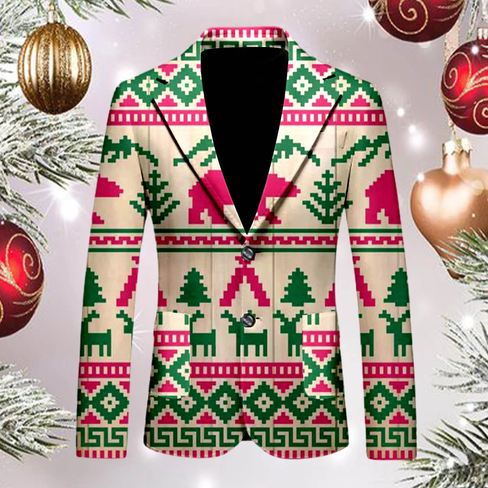 Men\'s Christmas Snowflake Elk Print Blazer Jackets With Pocket Elegant Slim One Button Suit Coat Plus Size Party Outwears