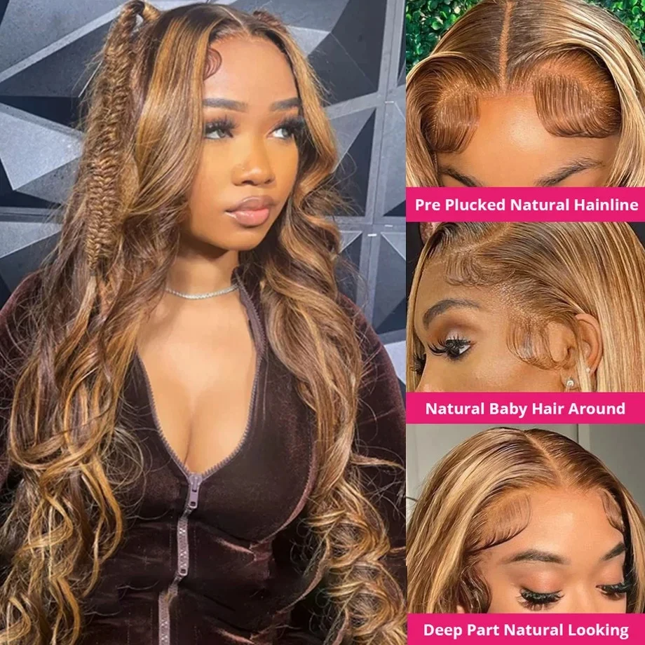13x6 Highlight Spitze Frontal Perücke Menschliches Haar Körper Welle Ombre Farbige Honig Blonde Spitze Front Menschliches Haar Perücken für Frauen Vor Gezupft