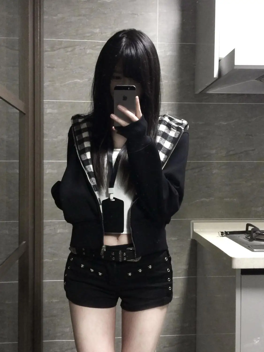 Fall 2026 Women's College Style Hoodie Black White Plaid Loose Y2K Open Cardigan Top Standard Fit Long Sleeve Zipper Closure