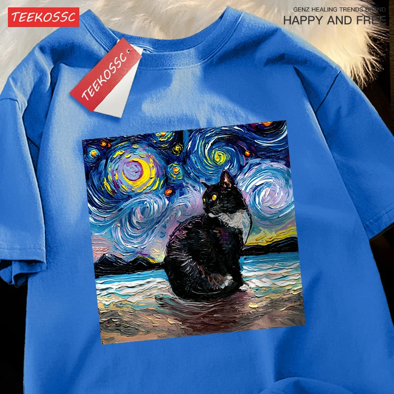 Oil Painting Starry Sky Cat Tshirts Men Women Oversized Cotton Clothing Fashion Summer T-Shirt High Quality Brand Loose Shirts