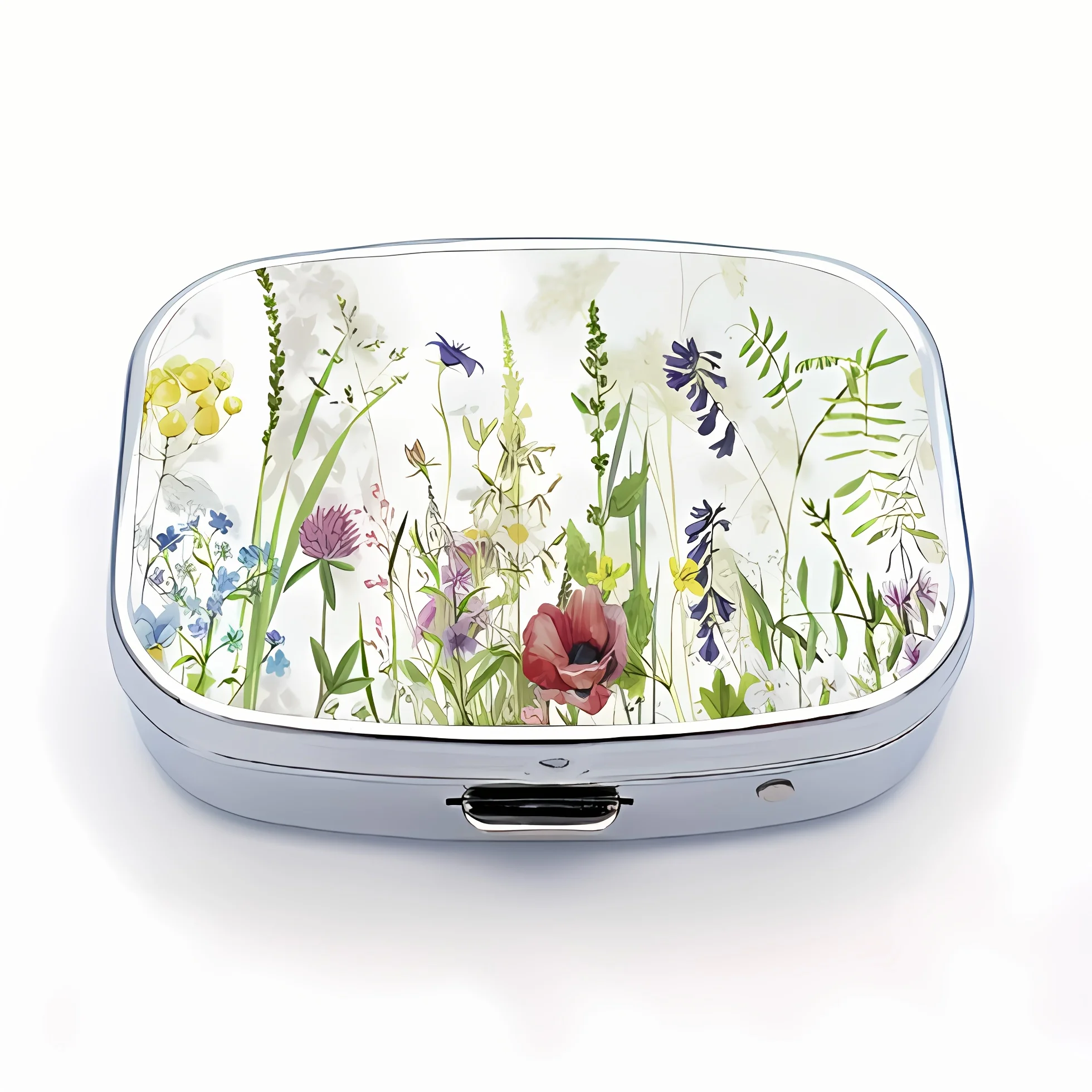 

1pc Metal Portable Pill Organizer, Fresh Floral Pattern, 2-Layer Compartment Pill Box, Rectangular Decorative Box, Vitamin Pill Box Organizer, Suitable for Pocket Wallet And Travel Gifts