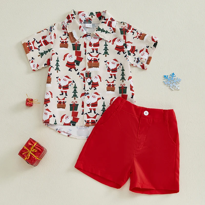 Weihnachtsset für kleine Jungen, Weihnachtsmann, Knopfleiste, kurze Ärmel, Reverskragen, Tops, Shorts, Outfit – Detail 9