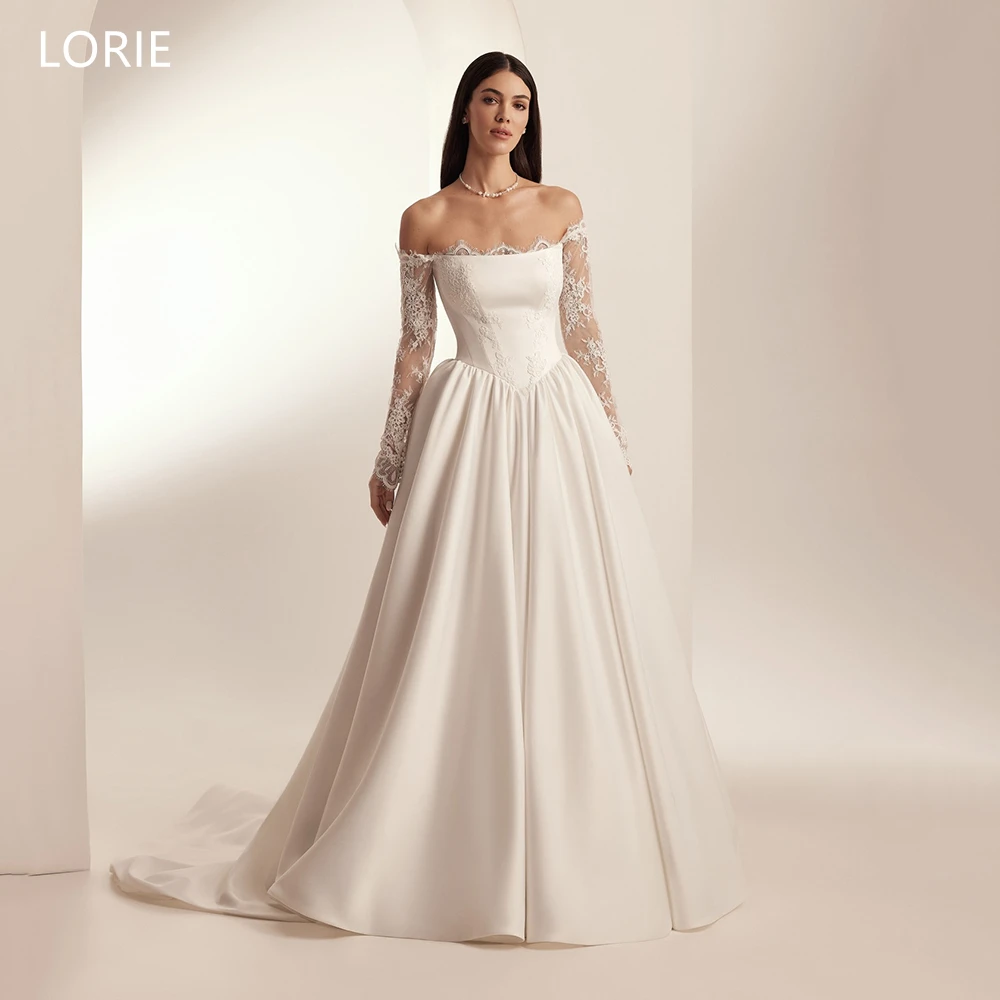 

LORIE Exquisite Satin Wedding Dresses Lace Strapless Full Sleeves Bride Prom Gown Lace- A-Line Fairy Bridal Gowns Customized