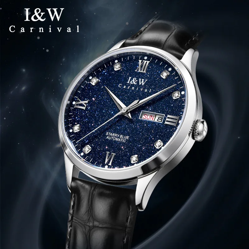 Luxury I&W CARNIVAL Brand MIYOTA Automatic Mechanical Sapphire Men's Watches Waterproof Diamond Calendar Star Sky Clock 658G