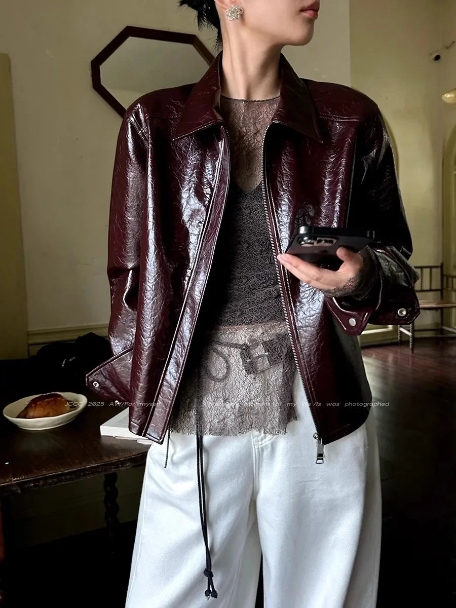 

Spring Autumn Short Pu Leather Jacket Women Zippper Turn-Down Collar High Quality Luxury Designer American Retro Clothes