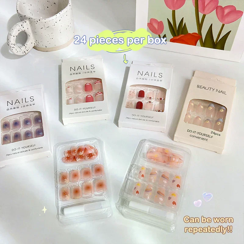 2025 mais novo 24 pçs/set arte do prego francês unhas falsas conjunto com cola plástico abs-simples adesivos de unhas curtas