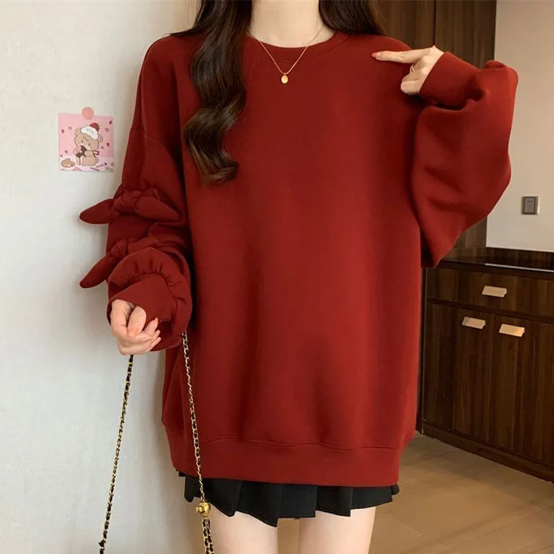 New Autumn/Winter Korean Edition Trendy Bow Knot Plush Thickened Round Neck Loose Versatile Slim Long Sleeve Women\'s Sweater