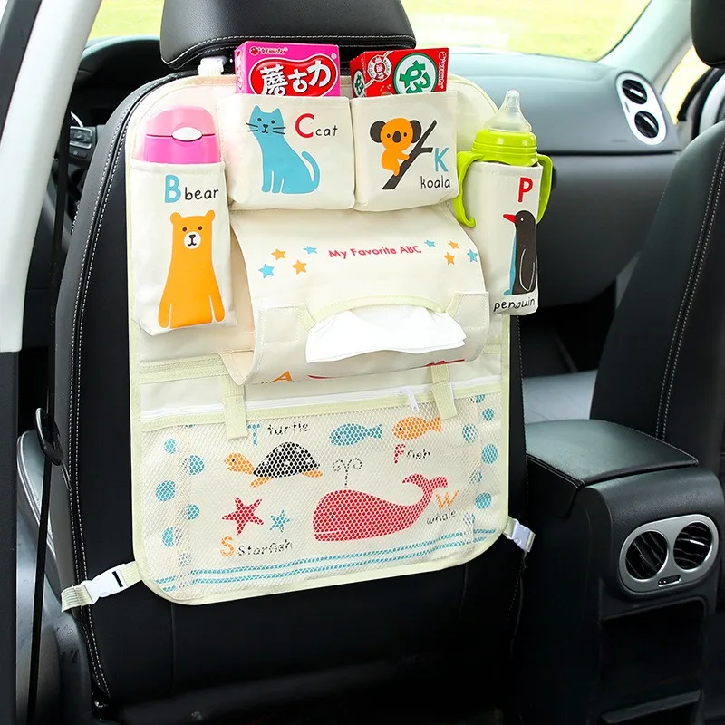 Car Back Seat Organizer Hanging Bag Automatic Storage Pocket Multifunction Cartoon Auto Back Seat Bag Protector Tissue Box