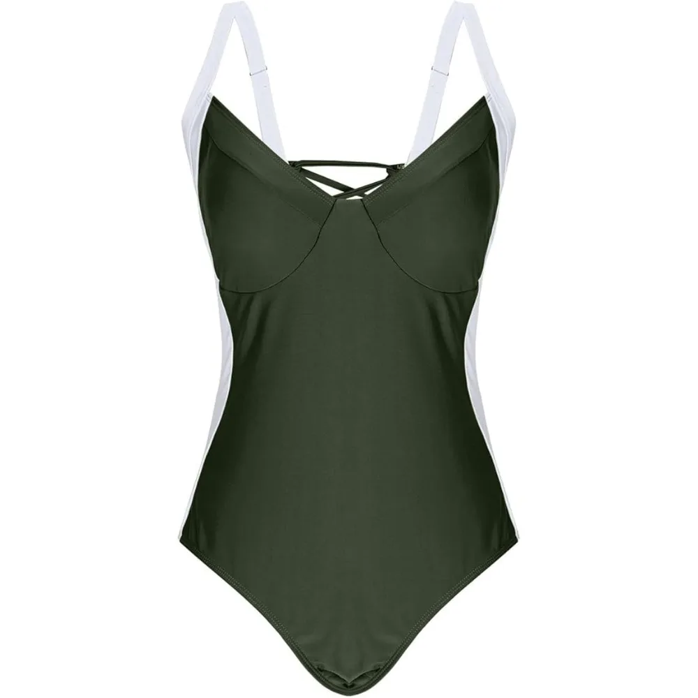 

Ins Patchwork Bodysuit Swimsuit Slim Fit V-neck Bathing Swimwear Beachwear Clothing Hollow Jumpsuit Bikini Summer