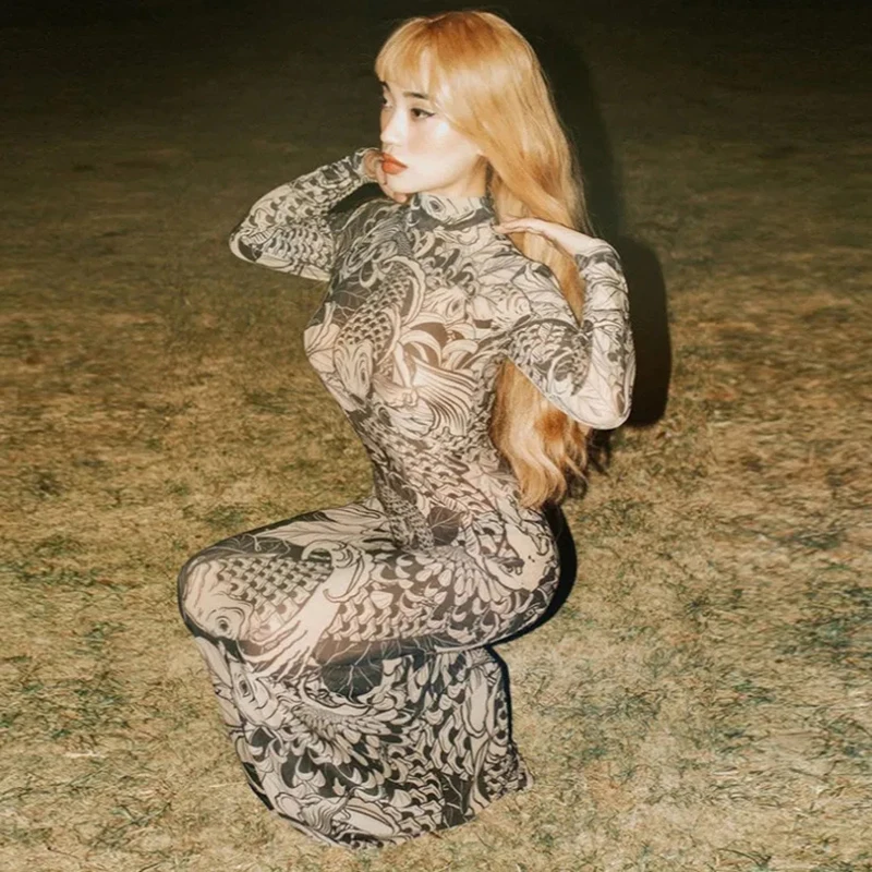 Downtown Gotico Y2K Abito Sheer Web Contorno Aderente Harajuku Stampa Dolcevita Abito Sensuale Avant Garde Party Abiti