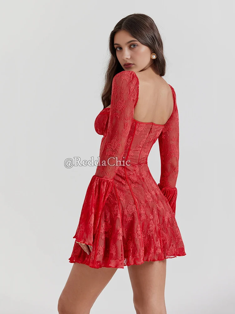 REDDACHiC เซ็กซี่ลูกไม้ Flowy ชุดมินิผู้หญิงฤดูร้อนสแควร์คอรัดตัว Jacquard ดูผ่านแขนยาว Valentine Party One-piece