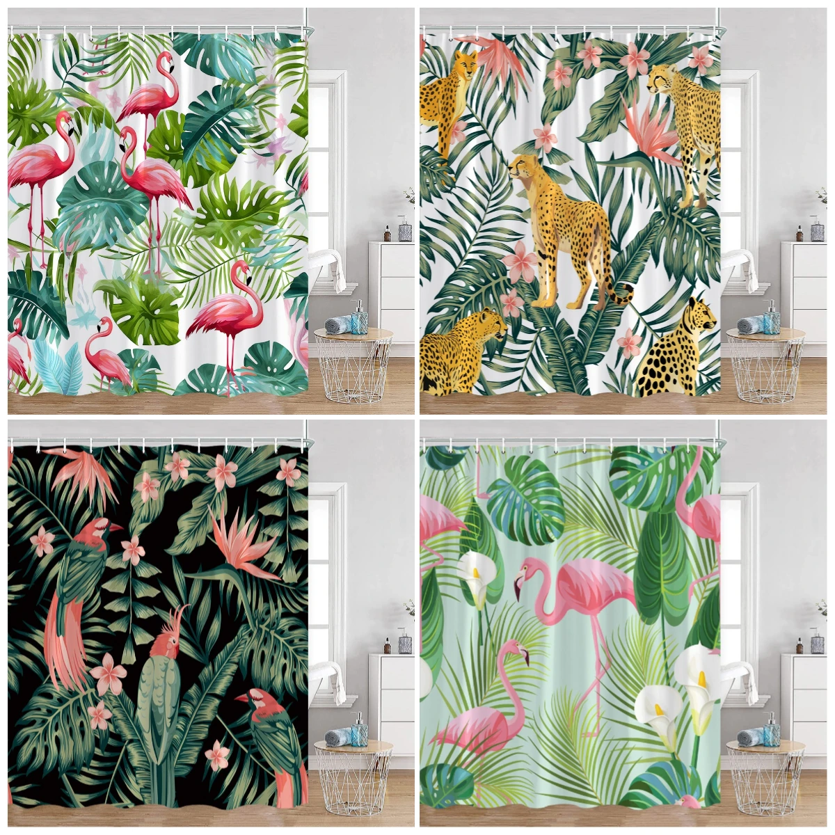Cortinas de ducha con hojas tropicales, flamenco, pantera, leopardo, tigre, decoraciones para el baño, cortina de baño moderna de poliéster con ganchos