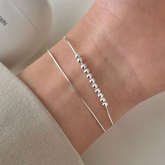 

PONYKISS 925 Sterling Silver Double Layered Chain Bead Charm Bracelets for Women Classic Fine Jewelry Geometric Accessories