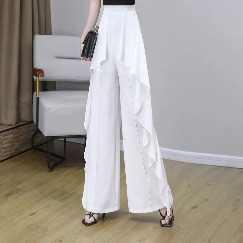 

Женские модные повседневные шифоновые широкие брюки, двухслойные свободные дышащие прямые брюки, однотонные длинные брюки с эластичной резинкой на талии