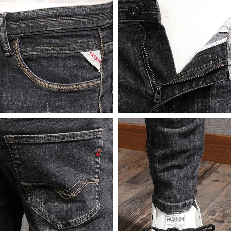 

y2kstyle fashionable men's high-quality black gray jeans, high-quality stretch slim fit retro jeans, men's casual design pa