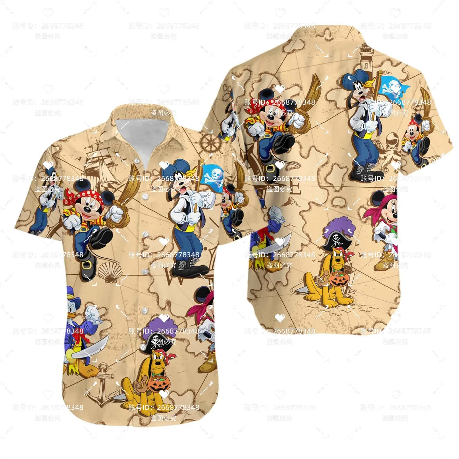 Mickey Pirates of the Caribbean Hawaiian Shirts for Men\'s Disney Cruise Line Hawaiian Shirts Casual Beach Short Sleeve Shirts