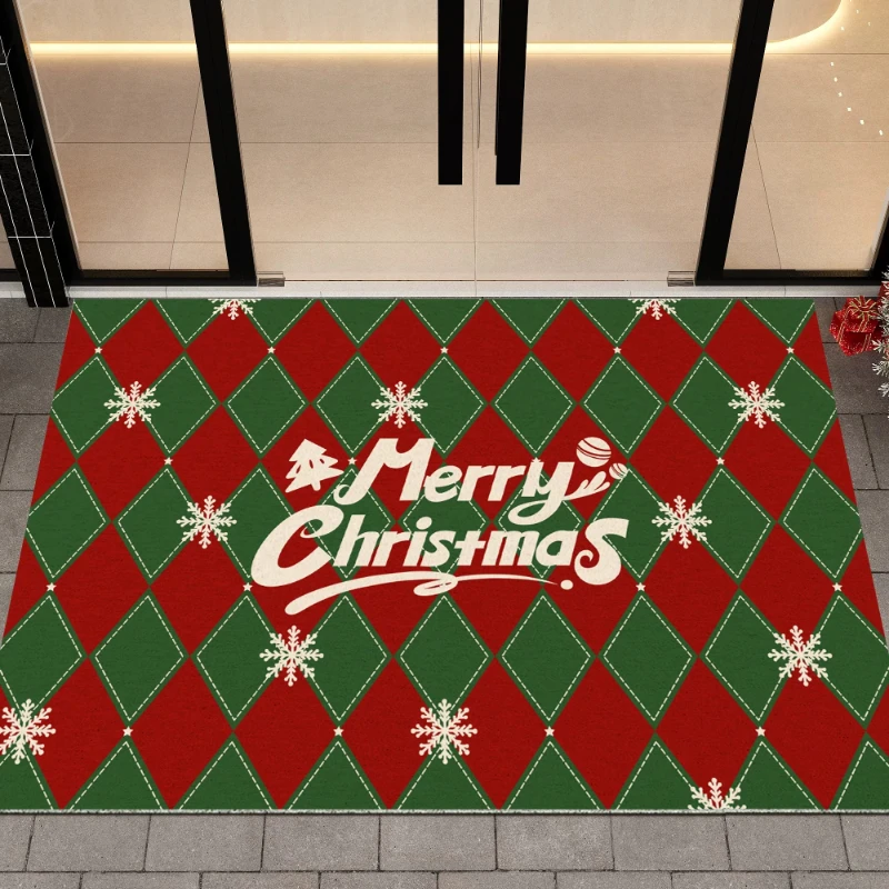 Merry Christmas Checkered PVC Silk Ring Doormat Anti‑Slip Dirt Resistant Entrance Floor Mat Home Store Restaurant Front Door