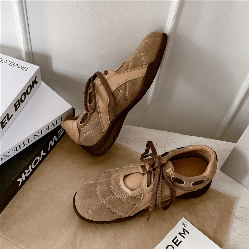 Drestrive 2025 Fashion Casual Shoes Laminated Split Leather Fabric Lace Up Round Toe Patchwork Autumn Mid Heels