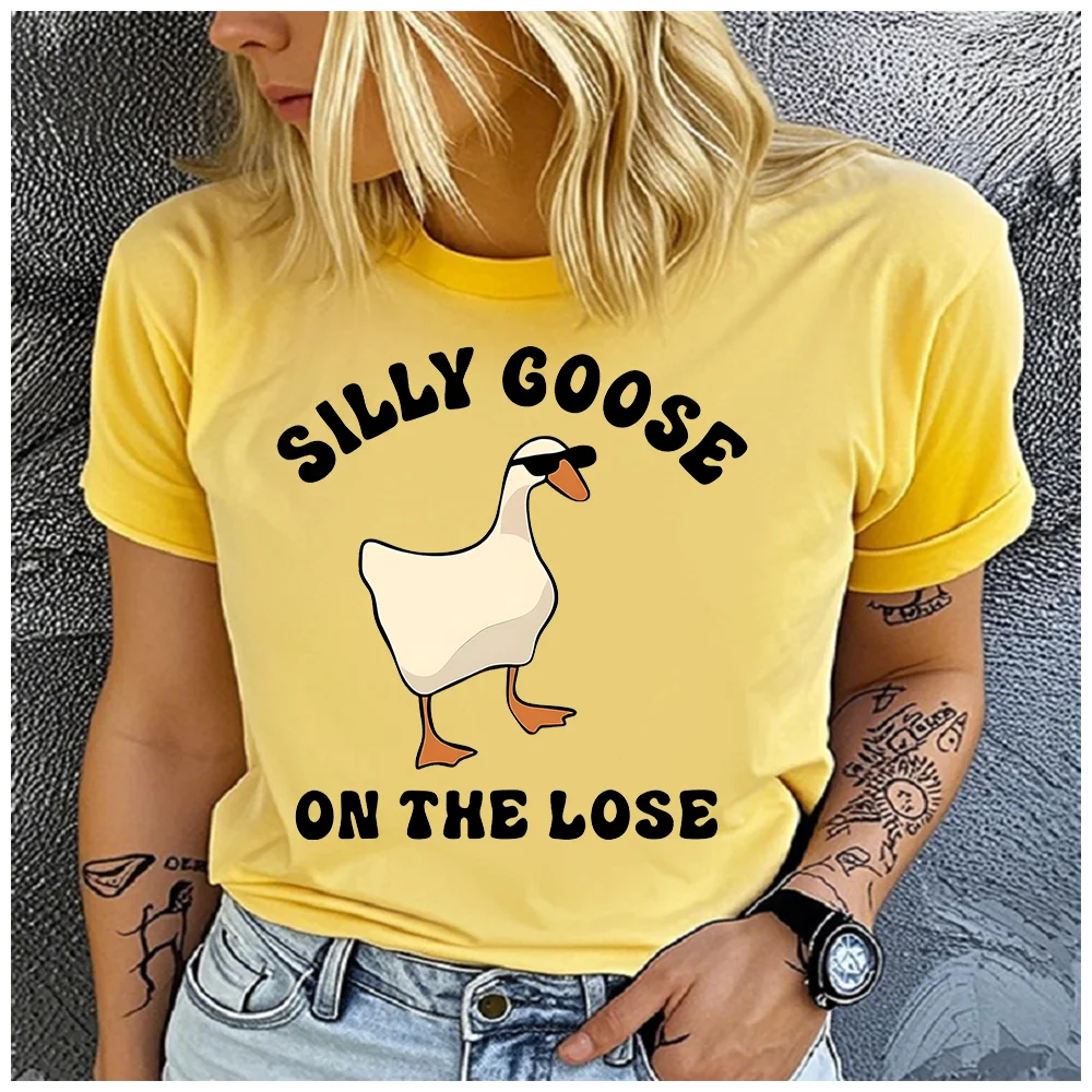 Women Silly Goose On The Lose Graphic T Shirt Funny Cartoon Goose With Sunglasses Print Casual Short Sleeve Crew Neck Tee Top