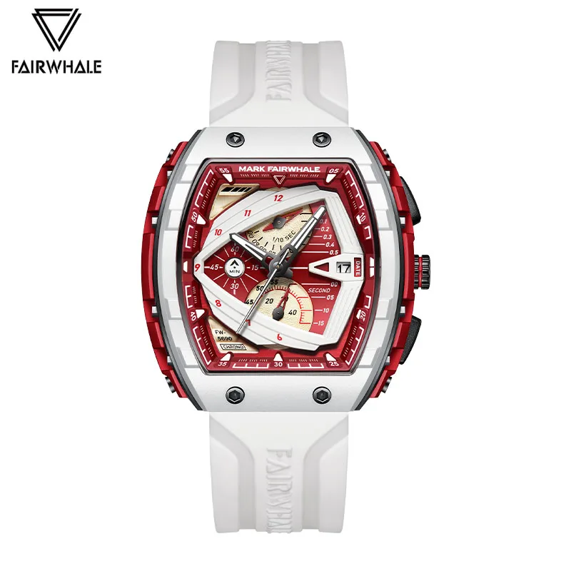 2024 Fairwhale Fashion Men\'s Red Watches Sports Silicone Strap Quartz Wristwatch Multifunctional Resin Tonneau Watches Boy Reloj