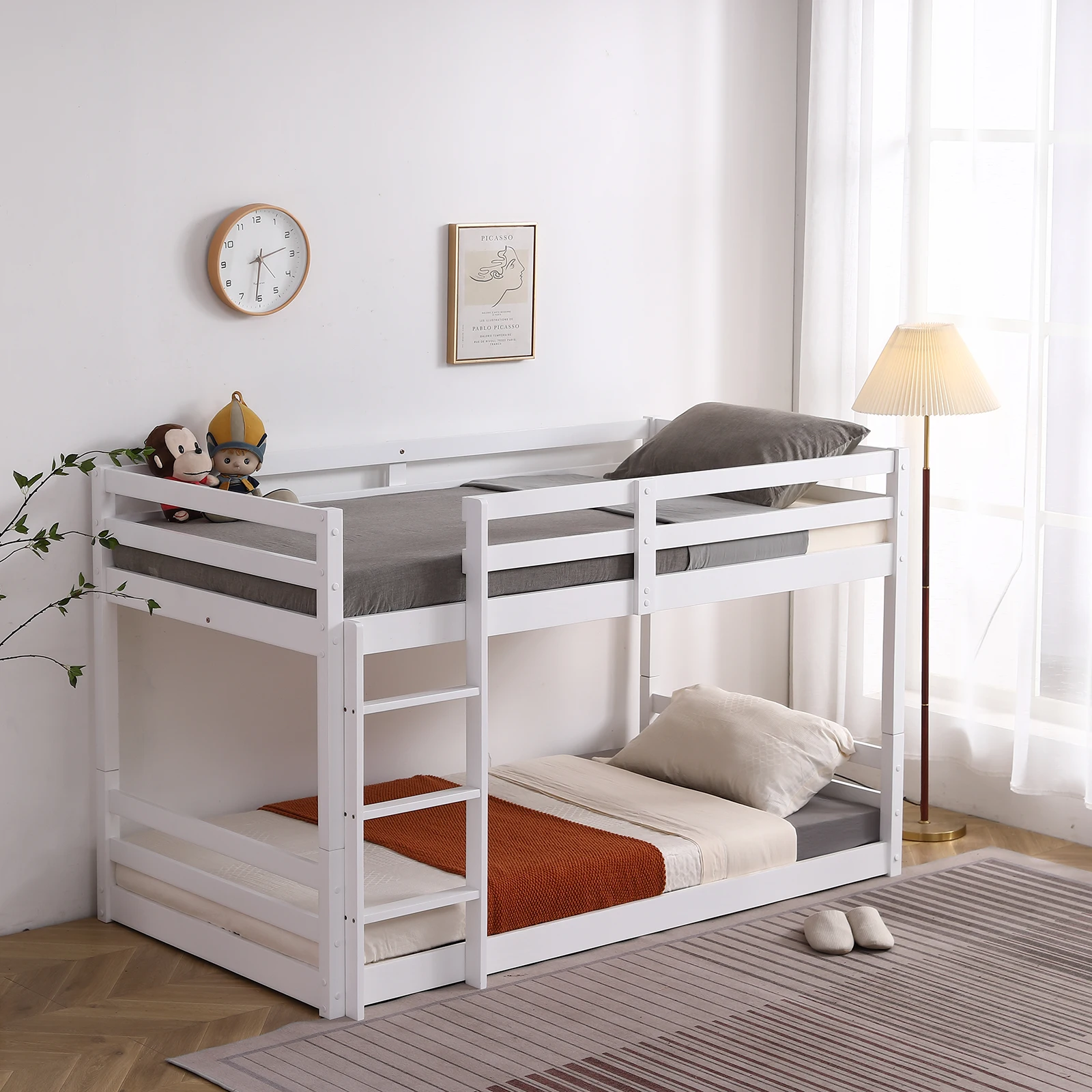 

Short legged double-layer head and tail horizontal support guardrail, white wooden bed that can be split into single-layer beds