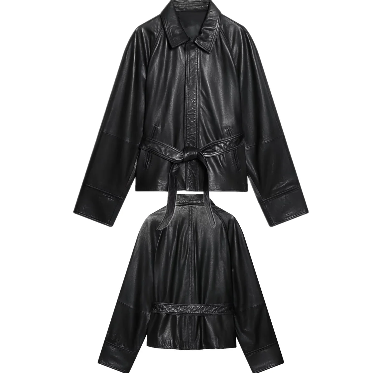 

Dave&Di French Minimalist Black Leather Jacket With Belt Women's Jacket High Street Casual Woman Clothes Tops