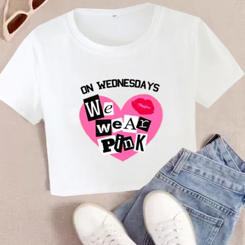 We Wear Pink Wednesday Shirt Women Breast Cancer T Shirt Gifts for Girls Fashion Trend O Neck Top Streetwear Matching Outfit Top