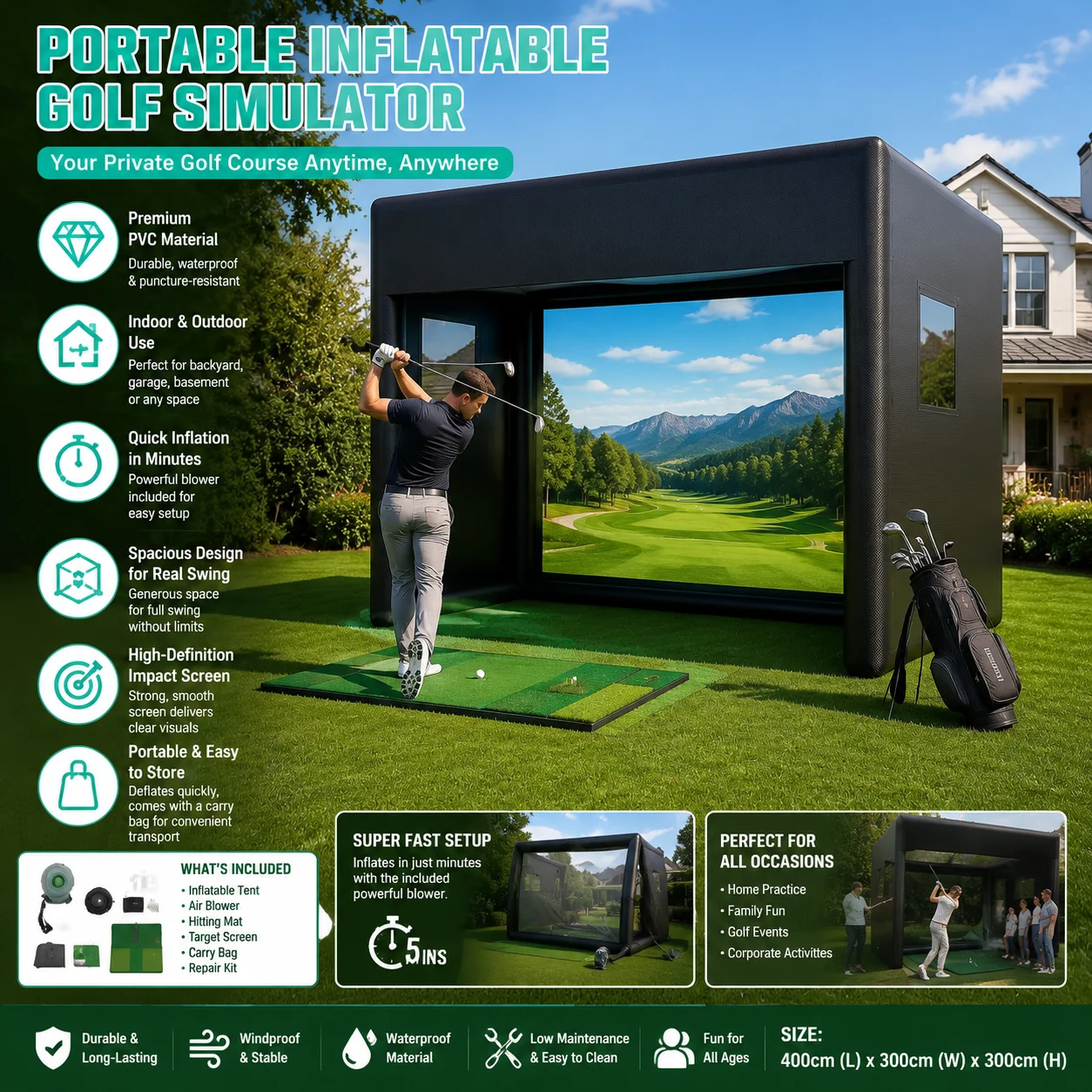 Portable Inflatable Golf Simulator Tent 10x13x10FT with Impact Projection Screen Waterproof Golf Practice Enclosure for Garage Backyard Indoor Outdoor Training