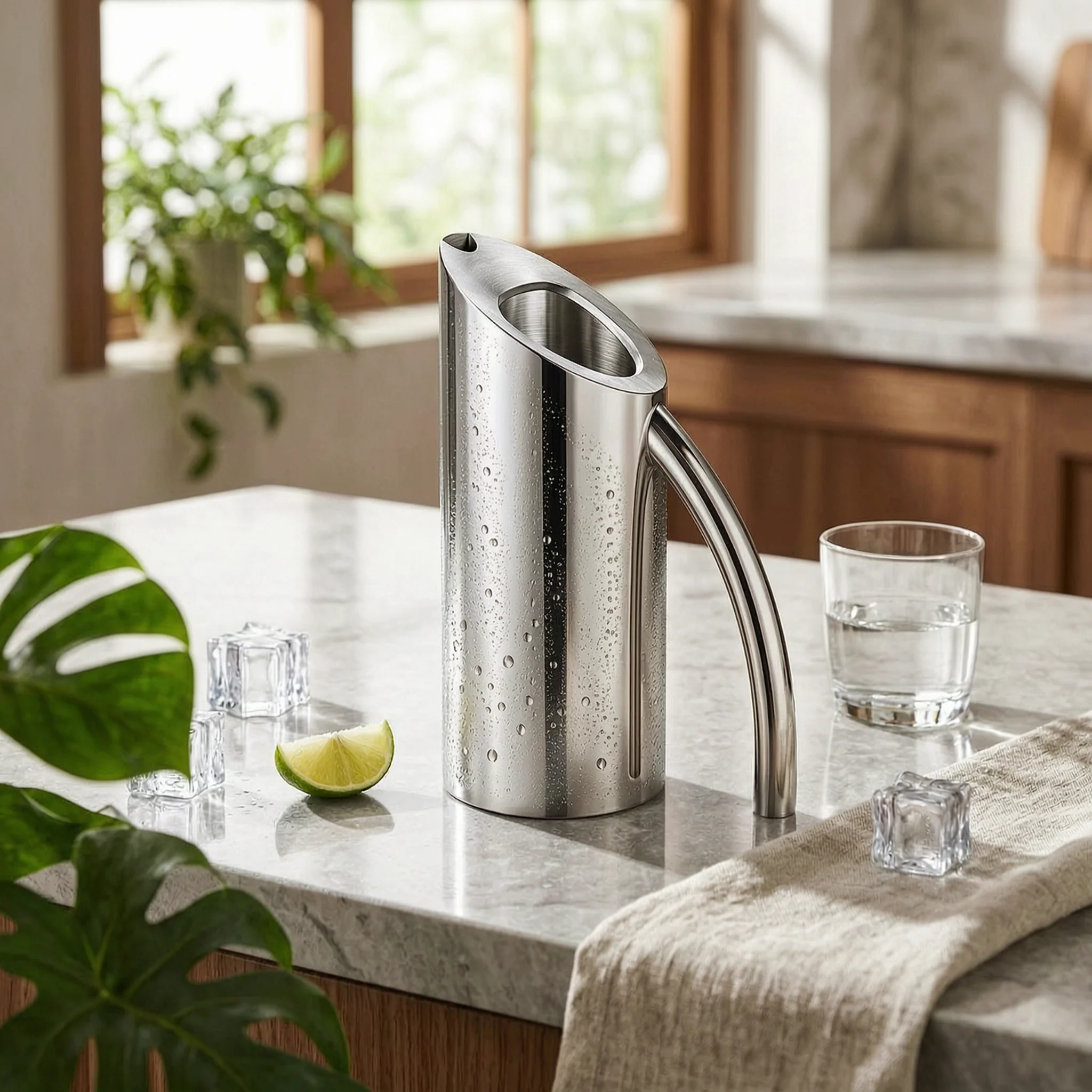 Stainless Steel Water Jug Straight-Body Stainless Steel Pitcher Metal Water Pitcher Curved Handle Pouring Jug Slanted Spout
