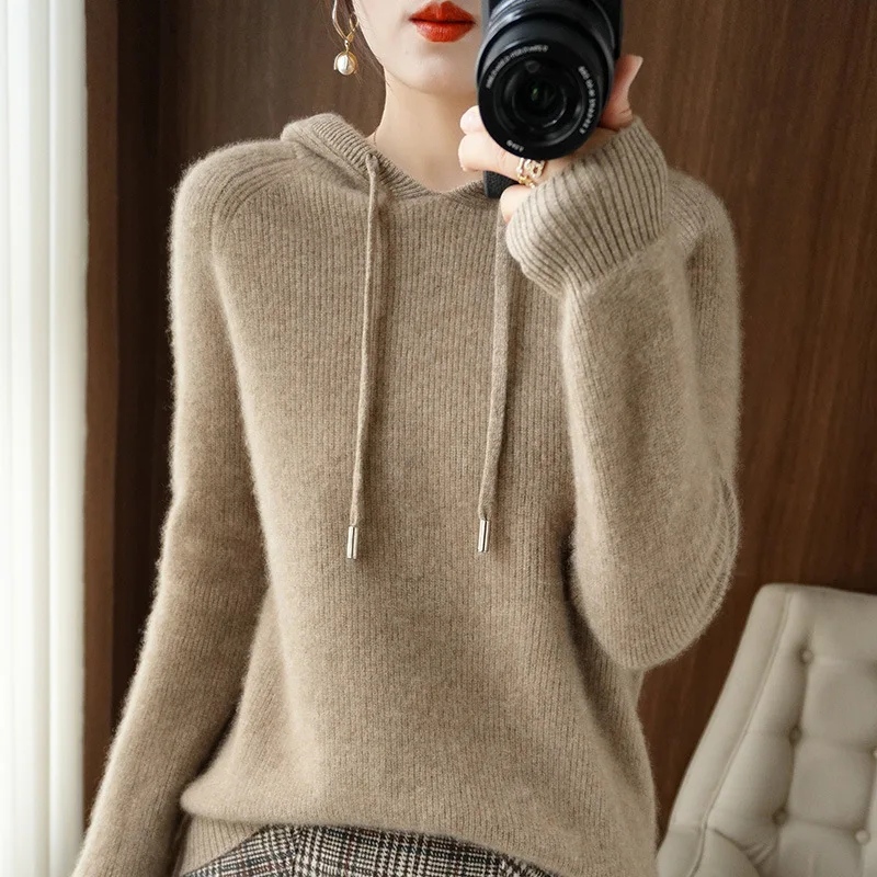 

2025 Autumn Winter New Casual Commuter Women's Knitted Hoodie Fashionable Solid Color Long-sleeved Loose Knitted Bottoming Shirt