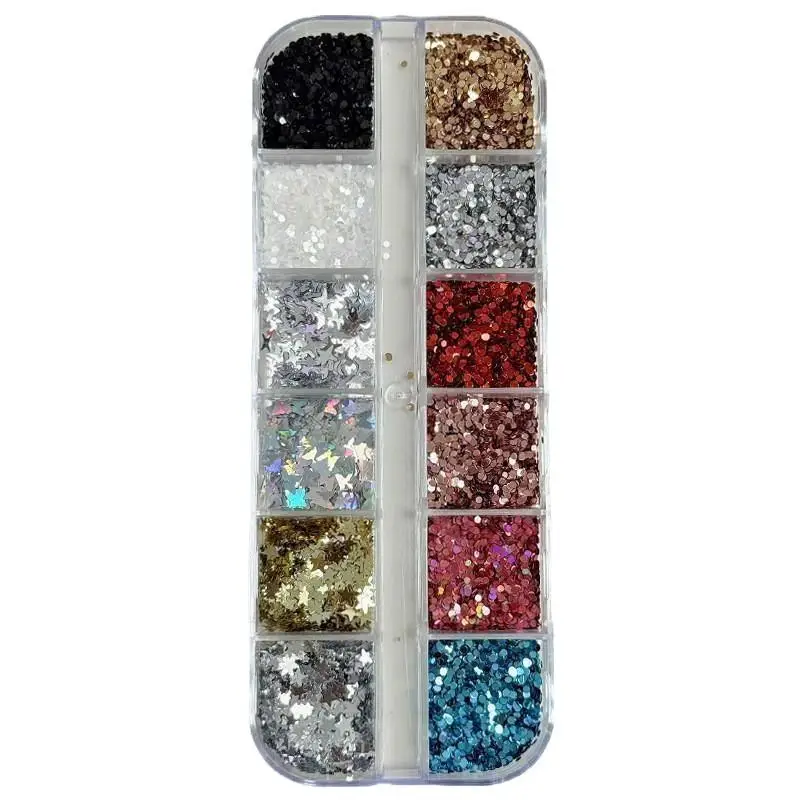 12 Fächer Mini-Pailletten mit Tupfen, Schmetterlingen, Sternen, Herzen, Glitzerpulver, Nagelkunst-Charms, Dekorationen, gemischte Aufkleber, Maniküre-Werkzeug – Detail 10