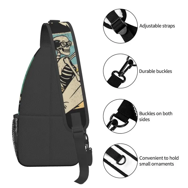 Mochila crossbody sling para homens, bolsa de peito de ombro, surfista de praia, caveira, viagem, ciclismo, verão, moda