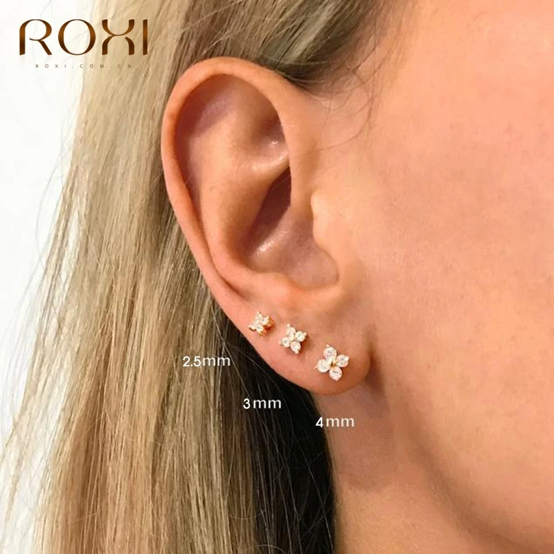 ROXI 925 srebro kryształowy kwiat kolczyki sztyfty do piercingu 3/4/5mm małe kolczyki na chrząstkę urocza cyrkonia kolczyki damskie
